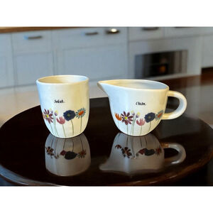 Rae Dunn BLOOM white ceramic 2 pc. Sugar & Cream Set floral Tea Coffee drinkware